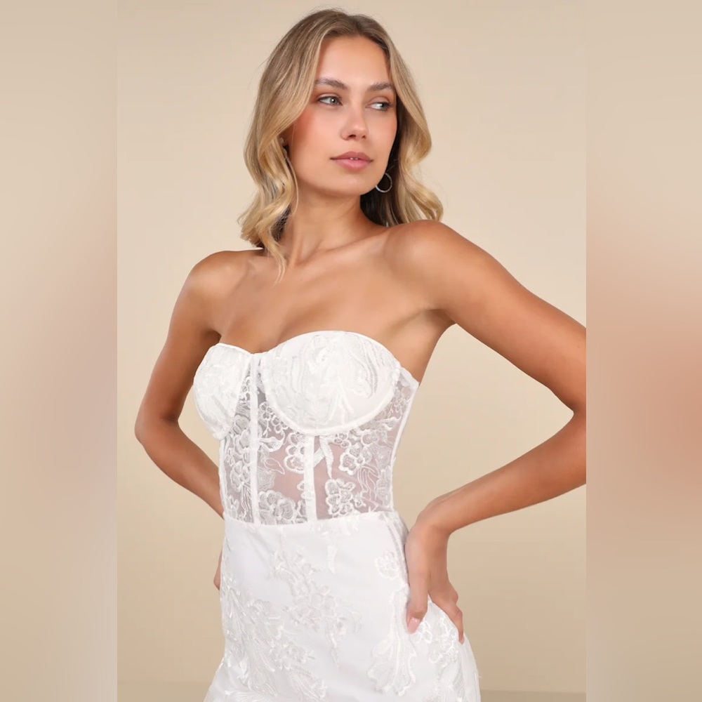 New Lulus Unreal Date White Sequin Embroidered Strapless Mini Dress Size Large - Picture 4 of 13
